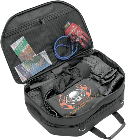 Bill's Exhausts SADDLEMEN Tour-Pak luggage bag seat for motorcycles, shown mounted on a touring bike with secure straps