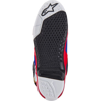 Alpinestars Union Tech 10 motorcycle boots in red, white, and blue with black accents, US size 10, featuring durable design and protective features.