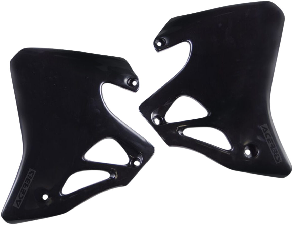 Black ACERBIS radiator shrouds for motorcycle body protection, featuring sleek design and durable construction.