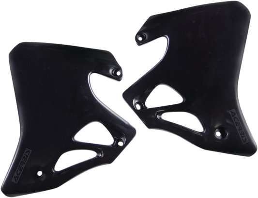 Black ACERBIS radiator shrouds for motorcycle body protection, featuring sleek design and durable construction.