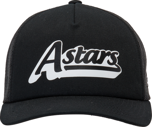 Black Alpinstars Delivery Trucker Hat with adjustable snapback and embroidered logo, casual style for everyday wear.