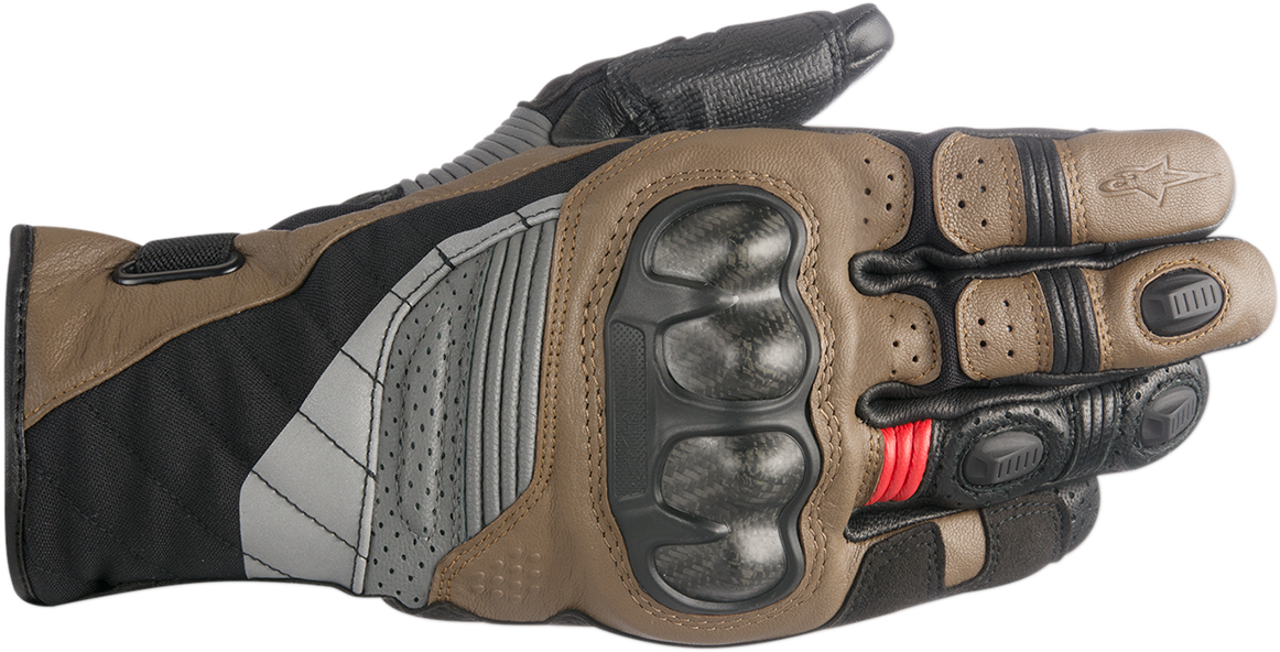 Alpinestars Belize Drystar gloves in black, tobacco brown, and red, small size, featuring protective design and durable textile material.
