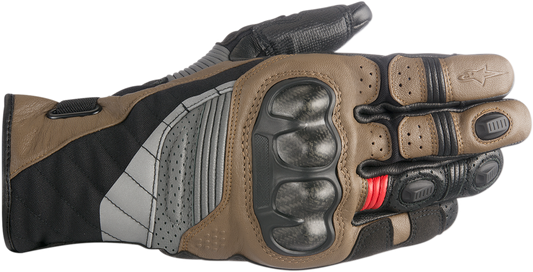 Alpinestars Belize Drystar gloves in black, tobacco brown, and red, small size, featuring protective design and durable textile material.
