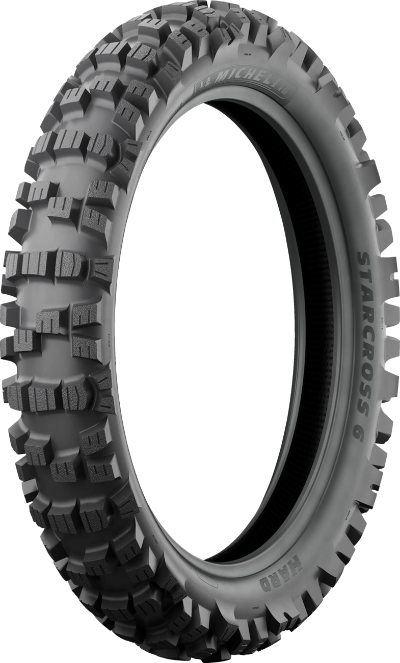 Rear MICHELIN StarCross 6 Hard tire, 110/90-19 size, designed for off-road motorcycles, with tread pattern visible.