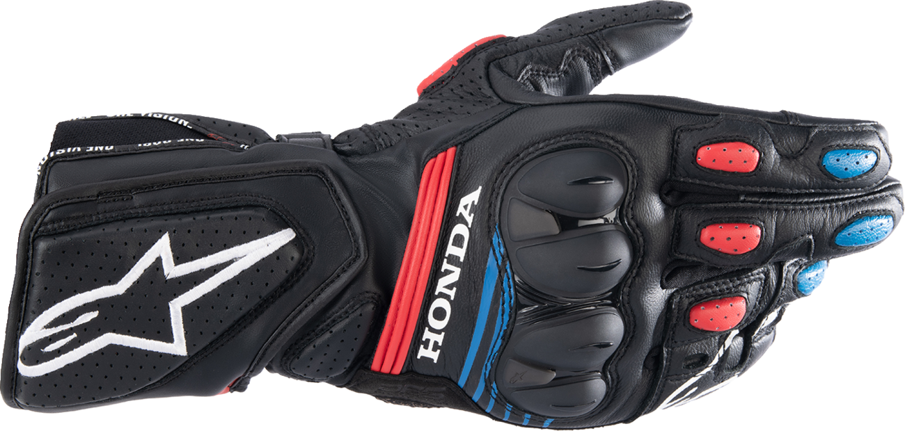 Alpinestars Honda SP-8 V3 motorcycle gloves in black, bright red, and blue, size 3XL, featuring reinforced knuckles and breathable fabric.