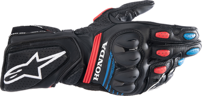 Alpinestars Honda SP-8 V3 motorcycle gloves in black, bright red, and blue with XL size, featuring protective design and branding.