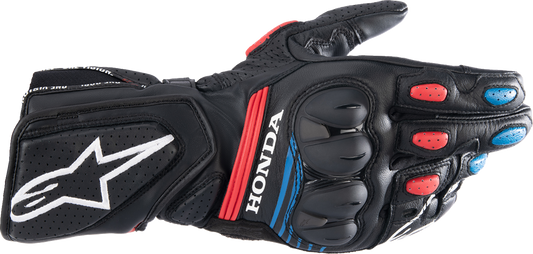 Alpinestars Honda SP-8 V3 motorcycle gloves in black, bright red, and blue with XL size, featuring protective design and branding.