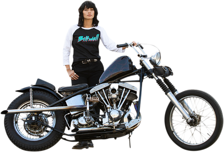 Bill's Exhausts women's 1985 raglan T-shirt in black and white, medium size, featuring a classic baseball sleeve design.