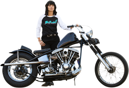 Bill's Exhausts women's 1985 raglan T-shirt in black and white, medium size, featuring a classic baseball sleeve design.
