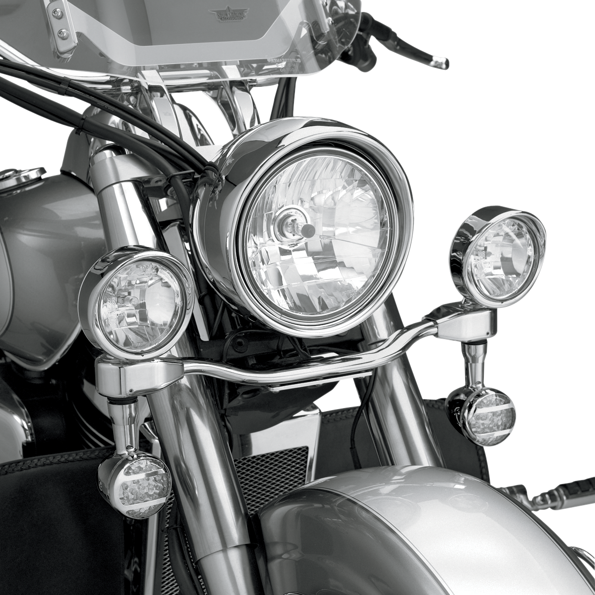 Bill's Exhausts Show Chrome Driving Light Kit for XVS1300 motorcycle engine, featuring chrome finish and mounting hardware.
