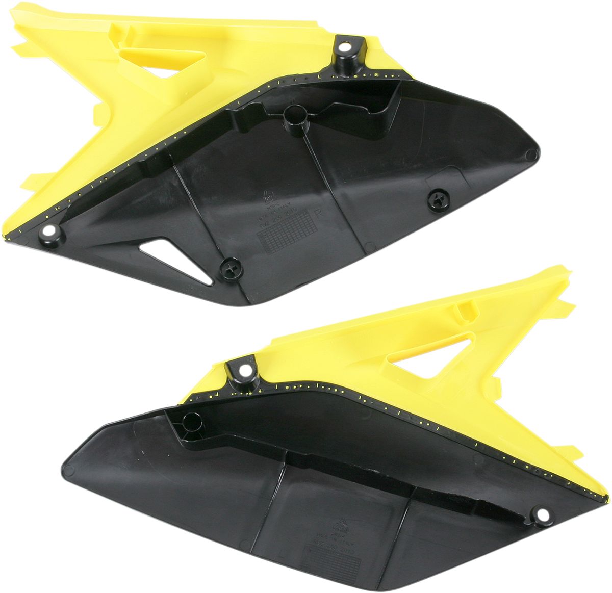 A set of black and yellow Acerbis side panels for motorcycle body customization, featuring bold color accents and sleek design.