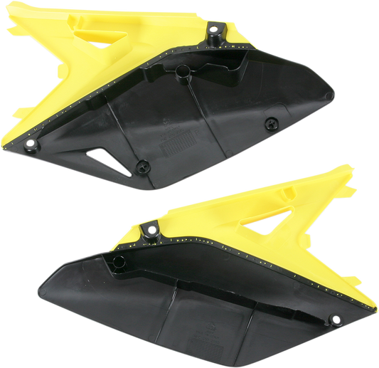 A set of black and yellow Acerbis side panels for motorcycle body customization, featuring bold color accents and sleek design.