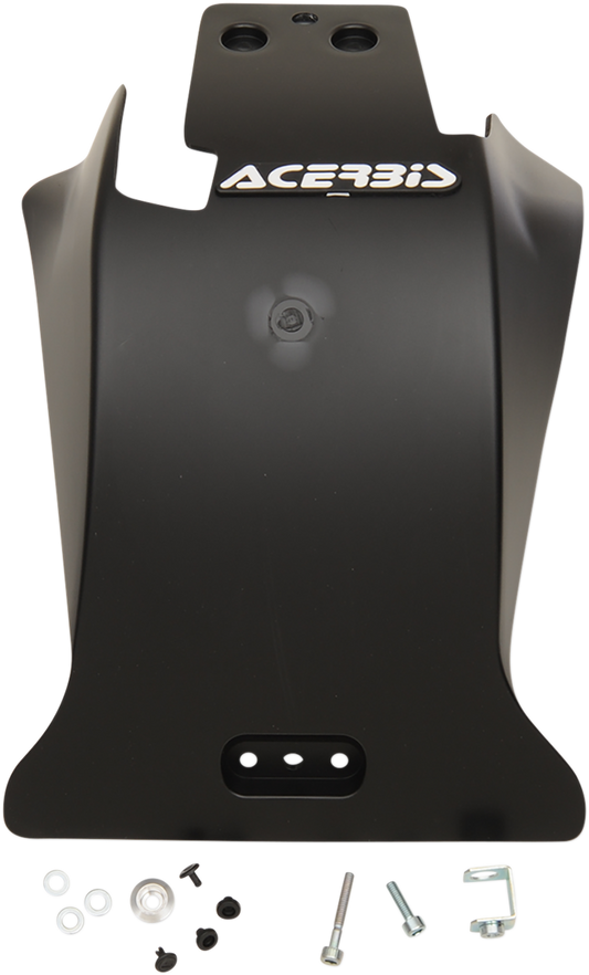 A black Acerbis skid plate for Beta 250 RR motorcycle, mounted on the bike's body, protecting the undercarriage during off-road riding.