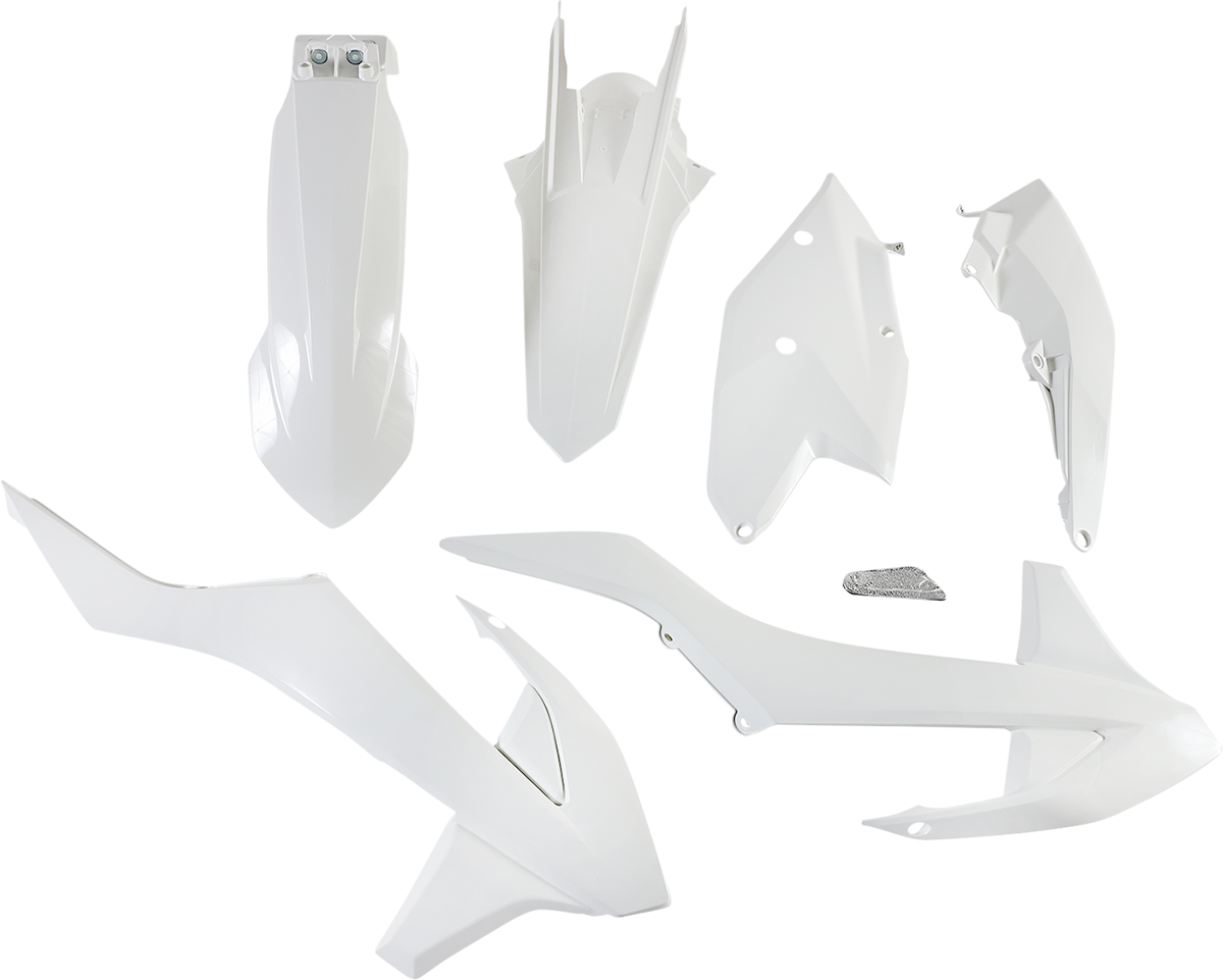 A white Acerbis standard replacement body kit for motorcycles, featuring various body panels and components on a plain background.
