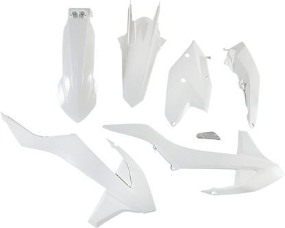 A white Acerbis standard replacement body kit for motorcycles, featuring various body panels and components on a plain background.