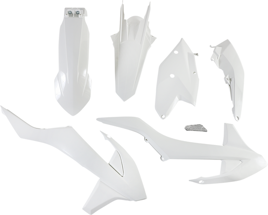 A white Acerbis standard replacement body kit for motorcycles, featuring various body panels and components on a plain background.