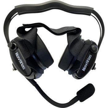 Bill's Exhausts NAVATLAS behind-the-head stereo VOX headset in black, showing the adjustable headband and microphone.