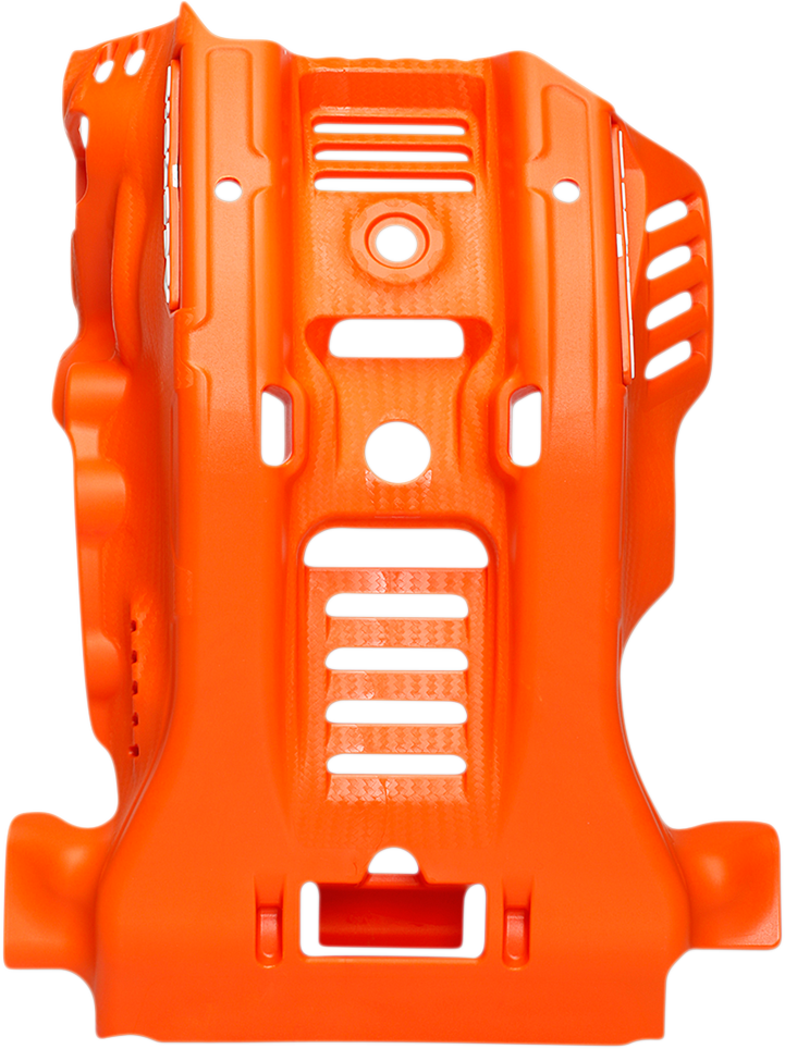 Orange ACERBIS KTM skid plate installed on a motorcycle, designed to protect the body and engine area during off-road riding.