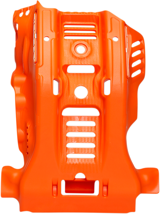 Orange ACERBIS KTM skid plate installed on a motorcycle, designed to protect the body and engine area during off-road riding.