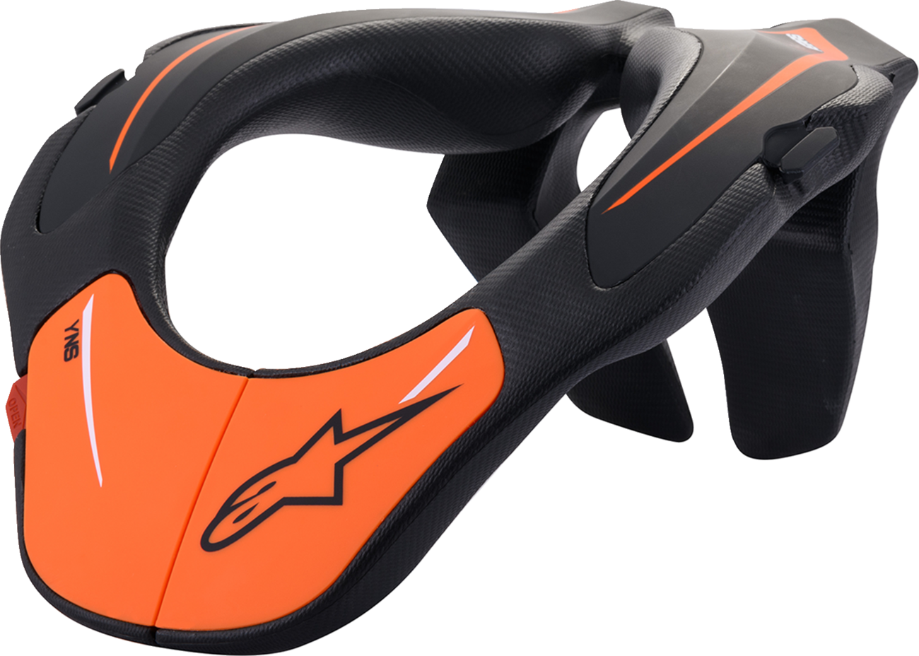 Black and orange Alpinestars youth neck support for helmets, one size, with padded design and adjustable straps.