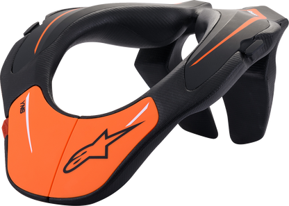 Black and orange Alpinestars youth neck support for helmets, one size, with padded design and adjustable straps.