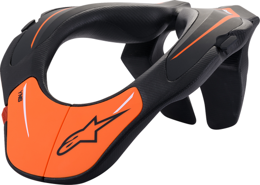 Black and orange Alpinestars youth neck support for helmets, one size, with padded design and adjustable straps.