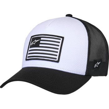 Alpinestars white and black flag snapback hat with embroidered logo, adjustable brim, and stylish design.