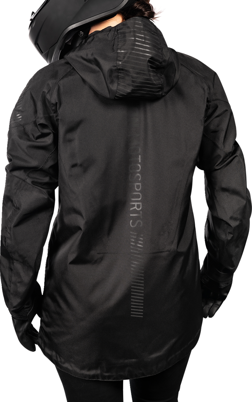 Black ICON Women’s PDX3™ jacket in medium size, featuring a sleek design and durable fabric, displayed on a plain background.