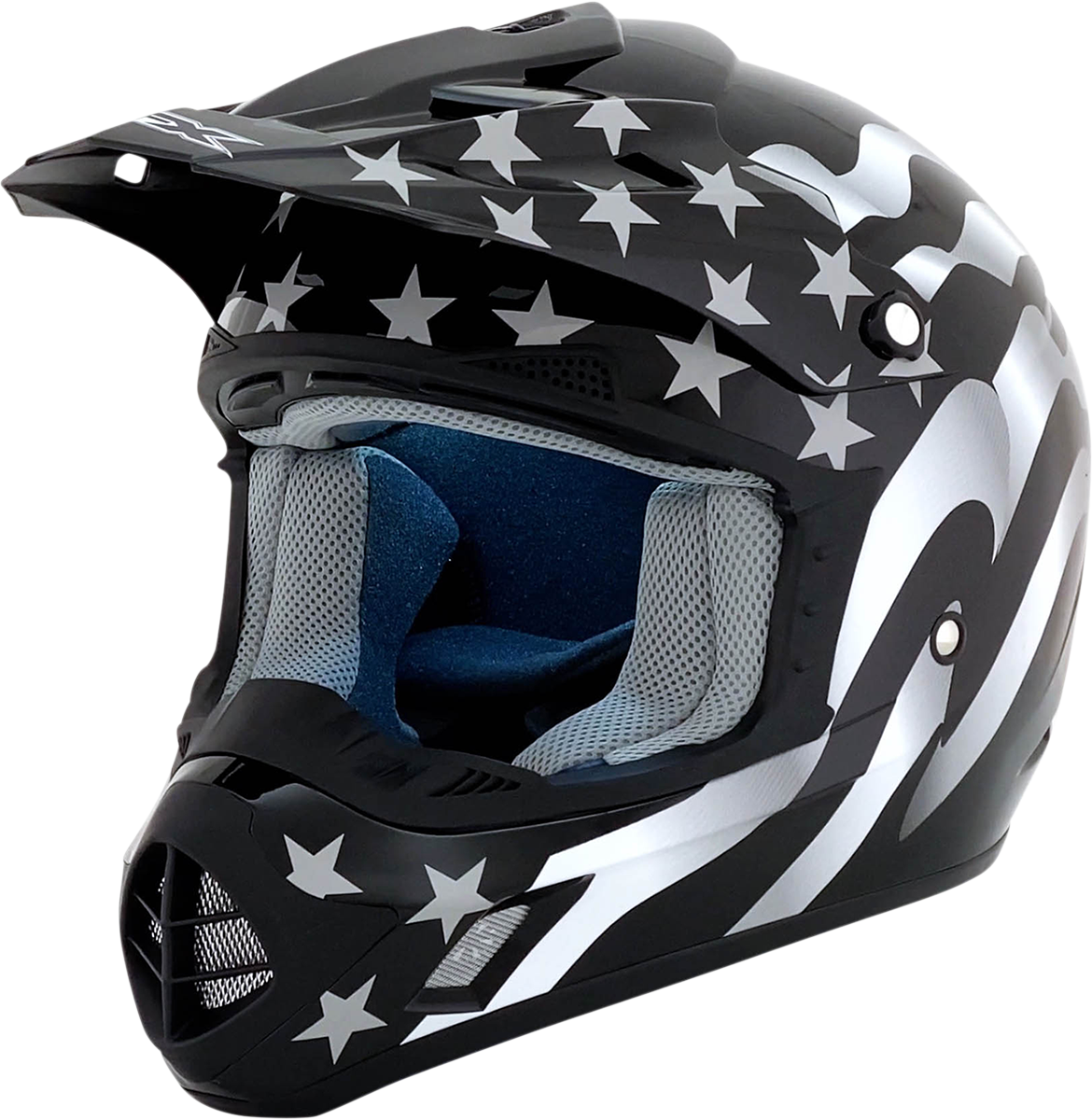 Bill's Exhausts AFX FX-17 helmet in stealth black with flag design, size XL, featuring a full-face motorcycle helmet with visor.