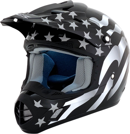 Bill's Exhausts AFX FX-17 helmet in stealth black with flag design, size XL, featuring a full-face motorcycle helmet with visor.