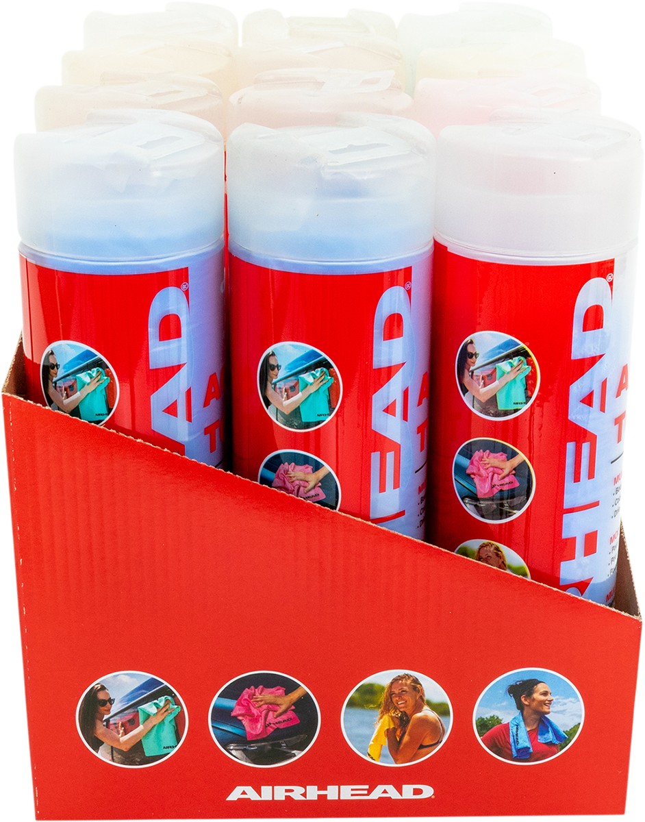 Assorted AIRHEAD SPORTS GROUP water absorbing towels in a 12-pack, featuring soft, quick-drying fabric for sports and water activities.