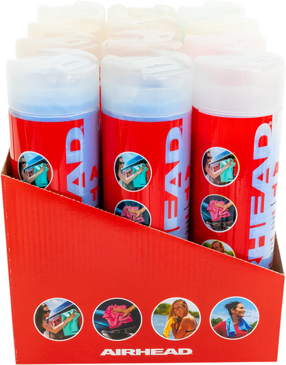 Assorted AIRHEAD SPORTS GROUP water absorbing towels in a 12-pack, featuring soft, quick-drying fabric for sports and water activities.