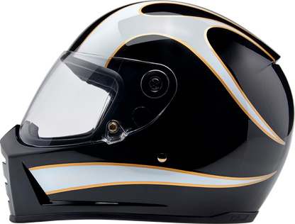 BILTWELL Lane Splitter helmet in gloss black with white flame design, XL size, featuring a sleek motorcycle helmet style.