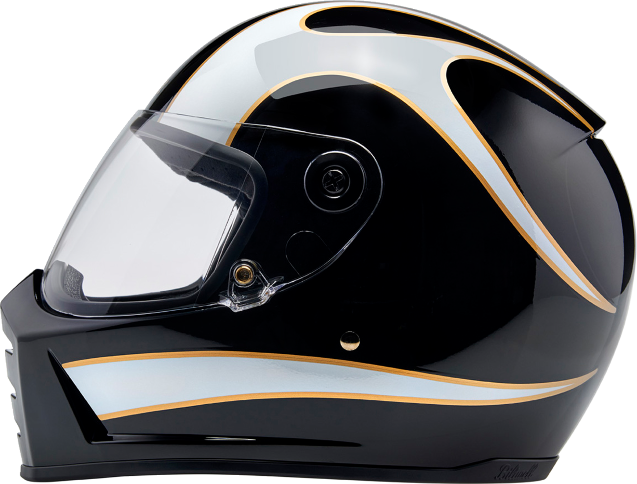 BILTWELL Lane Splitter motorcycle helmet in gloss black with white flame design, size medium, featuring a sleek aerodynamic shape.