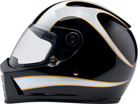 Bill's Exhausts BILTWELL Lane Splitter helmet in gloss black with white flames, large size, showcasing its bold motorcycle helmet design.