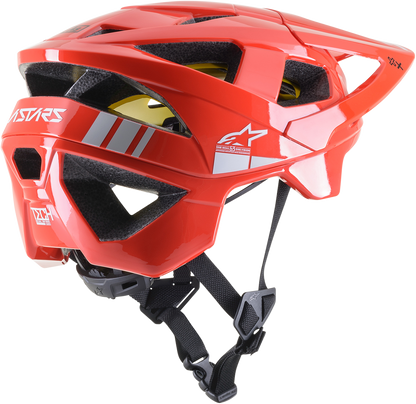 Bright red and light gray glossy ALPINESTARS Vector Tech bicycle helmet with MIPS® technology, large size, shown from side view.