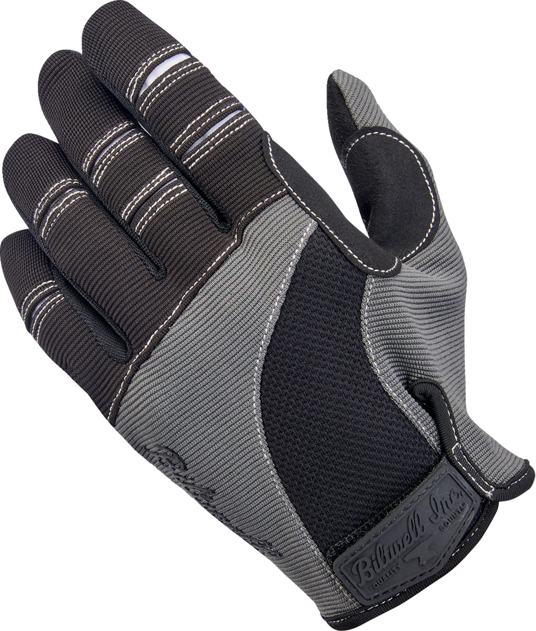 Gray and black BILTwell Moto Gloves in small size, showing the textured leather and protective knuckle design for motorcycle riding.