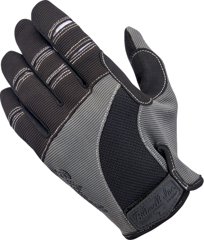 Gray and black BILTwell Moto Gloves in small size, showing the textured leather and protective knuckle design for motorcycle riding.