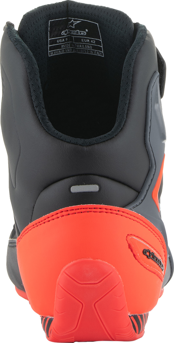 Alpinestars Faster-3 motorcycle shoes in black, gray, and red with US size 10, featuring protective design and sporty style.