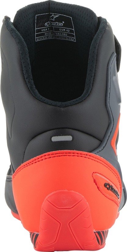 Alpinestars Faster-3 motorcycle shoes in black, gray, and red with US size 10, featuring protective design and sporty style.