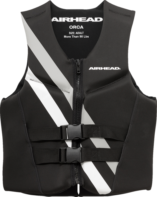 Black and white AIRHEAD SPORTS GROUP Orca water vest in XS size, designed for water sports safety and comfort.