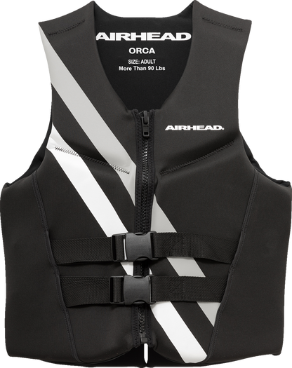 Black and white Orca water sport vest by AIRHEAD SPORTS GROUP, size XL, featuring adjustable straps and secure buckles.