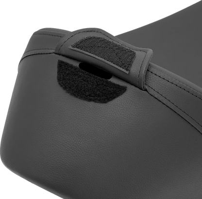 Black Saddlemens Heels Down Solo Seat with backrest for motorcycles, featuring a plain design and durable construction.