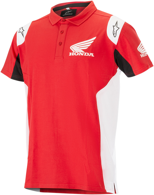 Red Alpinestars Honda polo shirt in medium size, featuring a classic design and logo, displayed on a plain background.