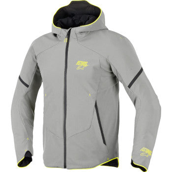Alpinestars waterproof Aeroshell motorcycle jacket in gray and yellow fluo, 3XL size, with reflective details and adjustable cuffs.