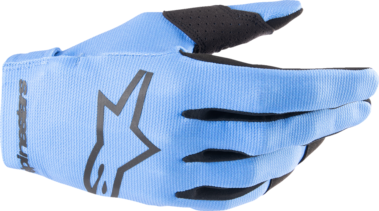 Bill's Exhausts ALPINESTARS Radar gloves in light blue and black, large size, showcasing padded knuckles and breathable fabric.