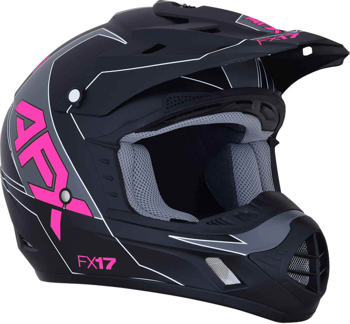 Matte black and pink AFX FX-17 helmet in XL size with Aced design, featuring a sleek motorcycle helmet with clear visor.