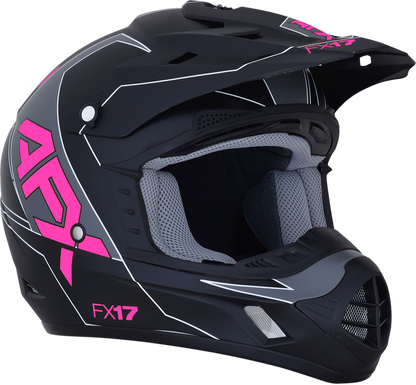 Matte black and pink AFX FX-17 helmet in XL size with Aced design, featuring a sleek motorcycle helmet with clear visor.