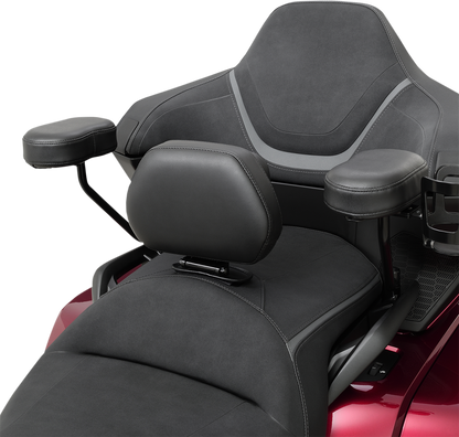 Black Show Chrome Deluxe Passenger Armrest for engine, designed by Bill's Exhausts, featuring a sleek, durable black finish.