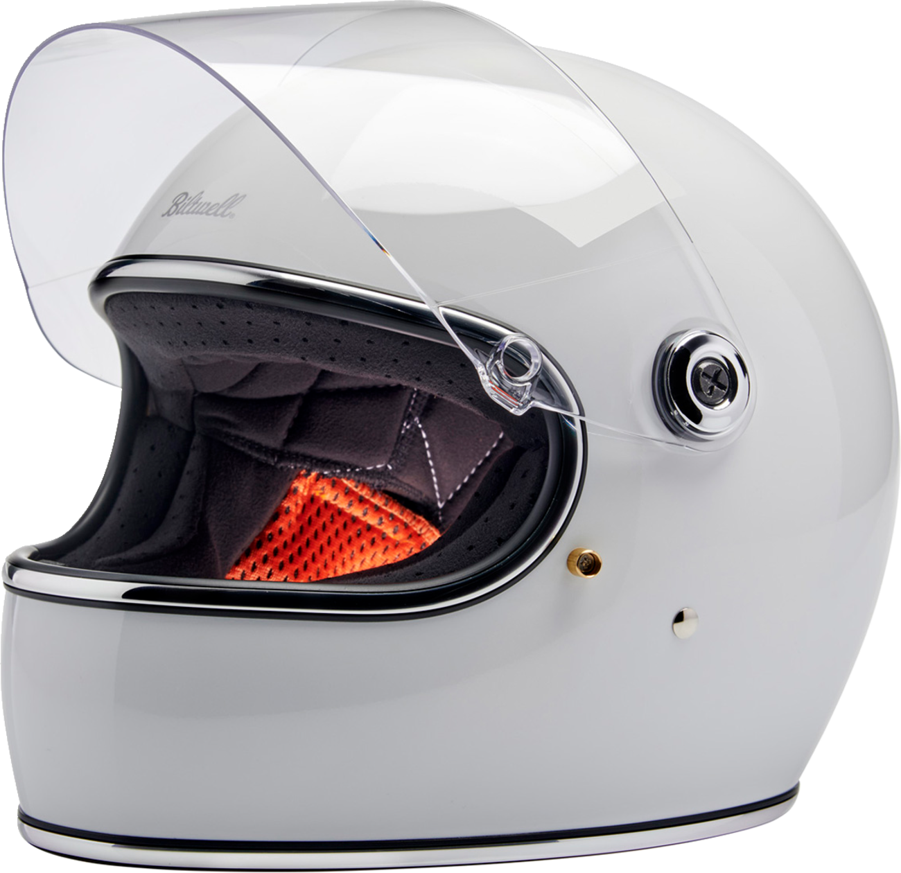 Gloss white BILTWELL Gringo S helmet in medium size, featuring a sleek, rounded motorcycle helmet design with matte finish.